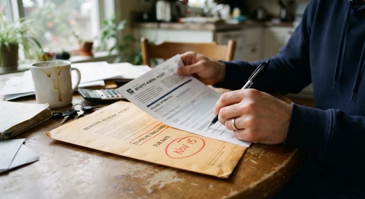 a benefits renewal packet with a due date circled on the cover page
