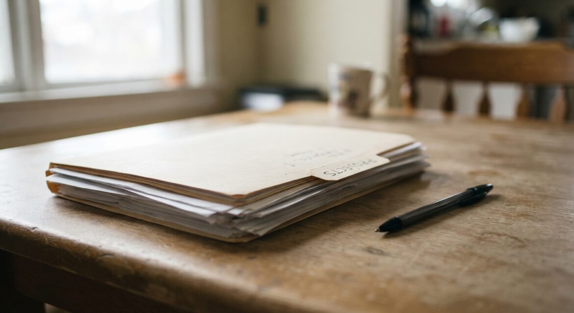 a manila folder of papers stacked beside a pen on a table