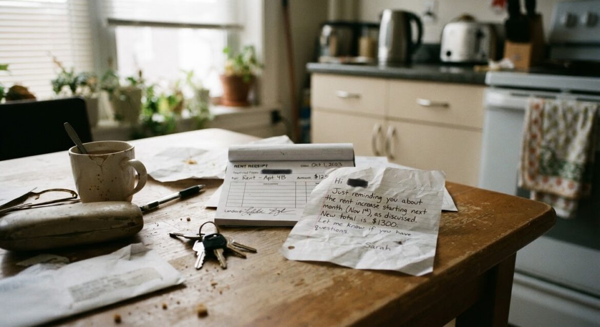 a rent receipt and a handwritten landlord note on a kitchen table