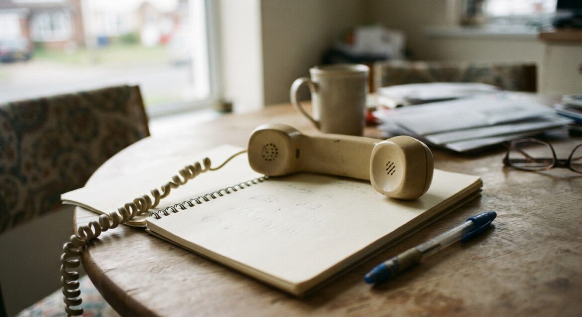 a telephone handset resting beside an open notepad