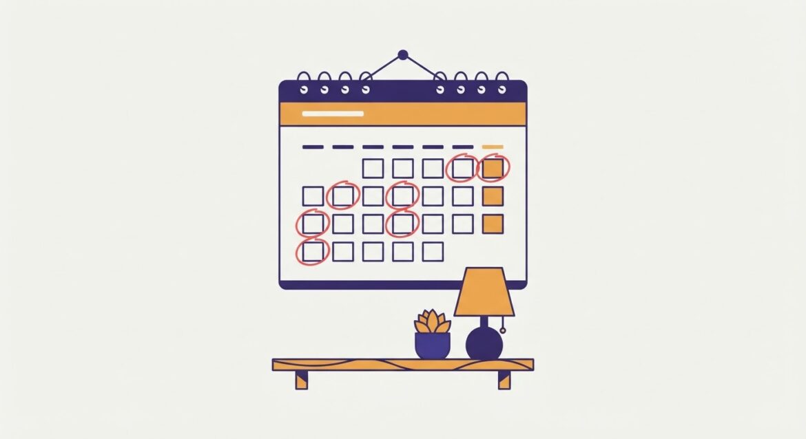 a wall calendar with several dates circled in red