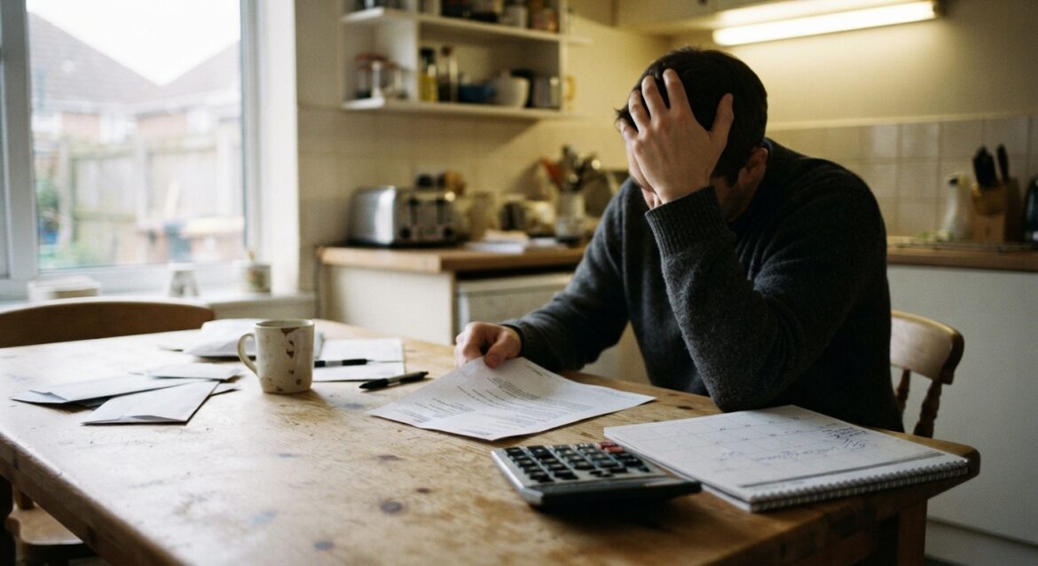 A person reviewing an overpayment notice at a kitchen table with a calculator and calendar nearby