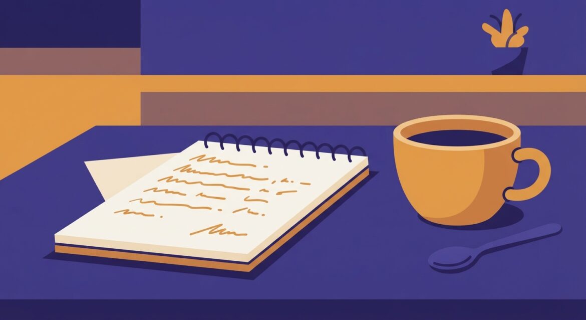 a handwritten list of names on a notepad next to a coffee cup