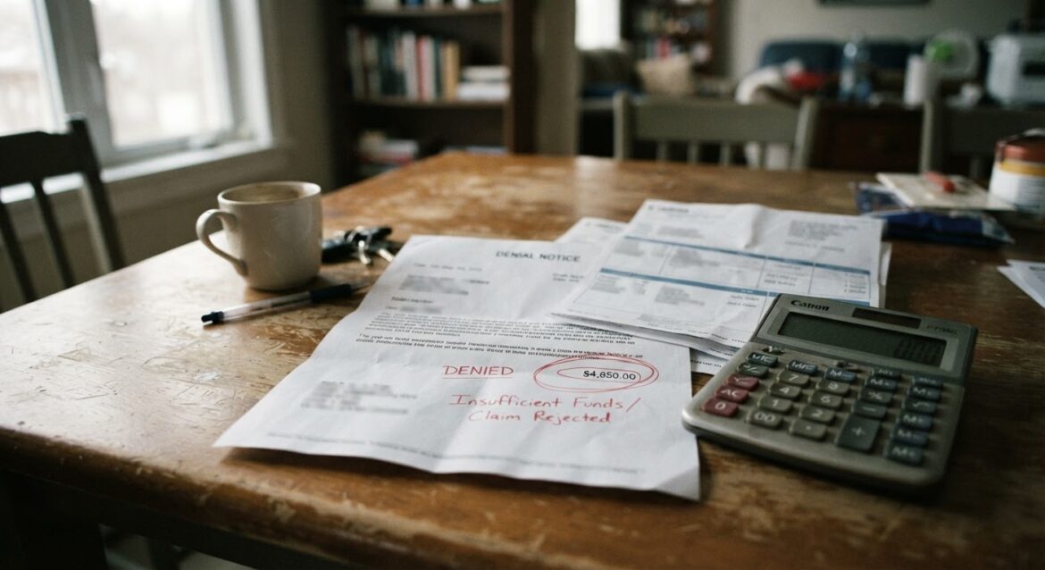 A calculator and pay stubs laid next to a denial notice with a number circled in red pen