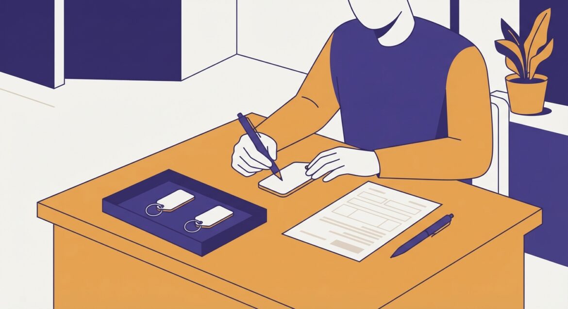 A person labeling two house key tags on a table with an application form nearby
