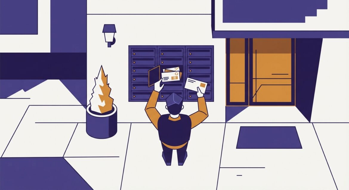 A person checking a mailbox for an official letter outside an apartment building