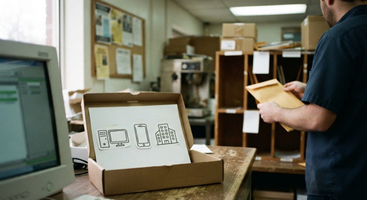 Three icons of a computer, a phone, and an office building representing application channels