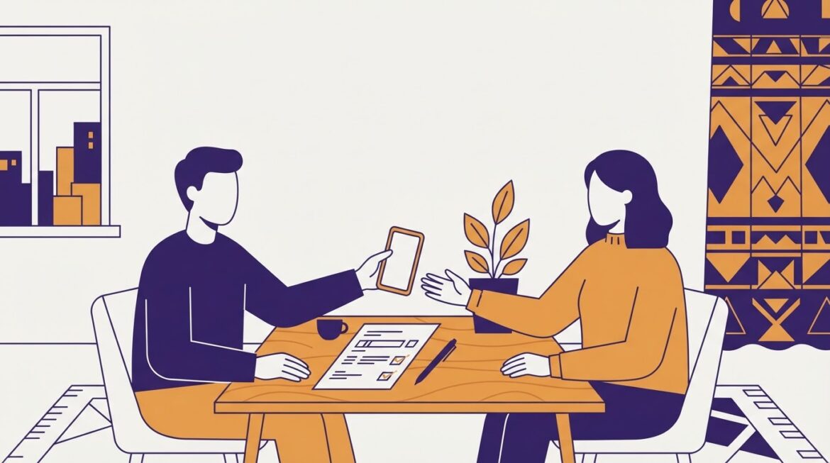 A person handing a phone to a neighbor while a verification form sits on the table