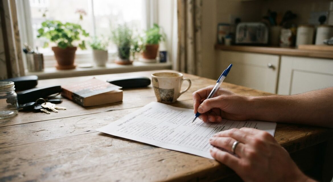 A short one-page benefits report form partially filled out on a kitchen table