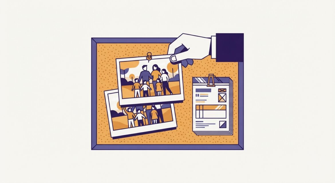 A family photo being updated on a corkboard next to a renewal packet