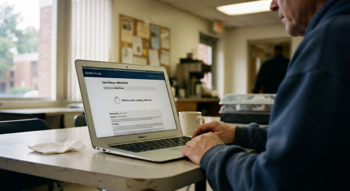 A laptop screen showing a benefits case status page with a loading icon