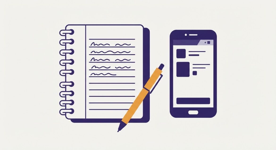 a spiral notebook with dated entries and a pen next to a phone