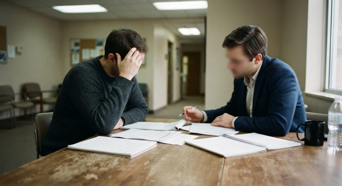 Two people sitting at a table reviewing notes before a hearing