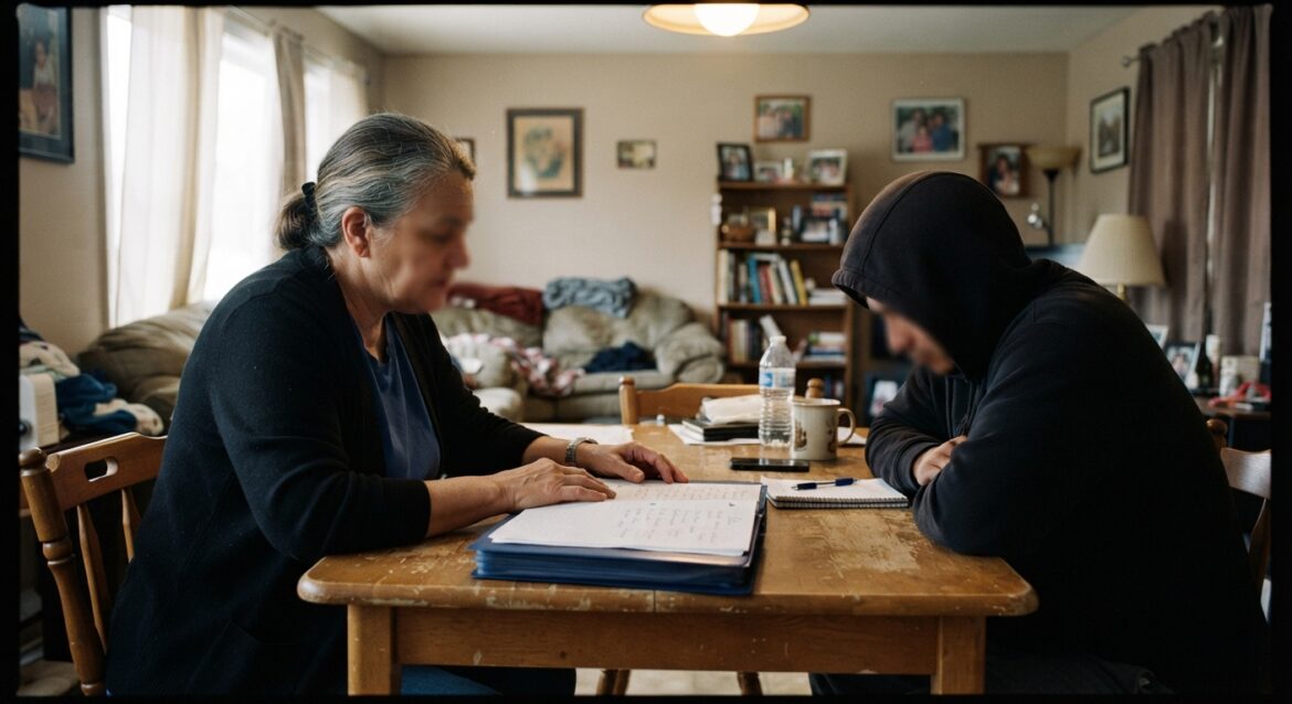 A caseworker with a folder sitting at a kitchen table across from an applicant in a modest living room