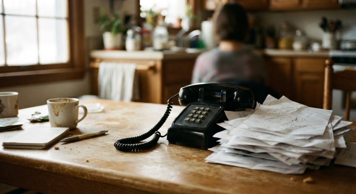 A phone ringing on a kitchen table next to a stack of hastily gathered paperwork
