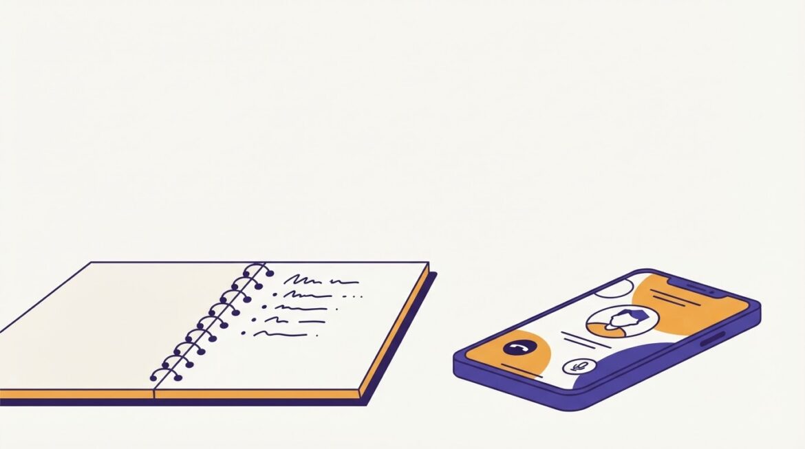 A notebook with a short handwritten list of questions next to a phone showing a call in progress