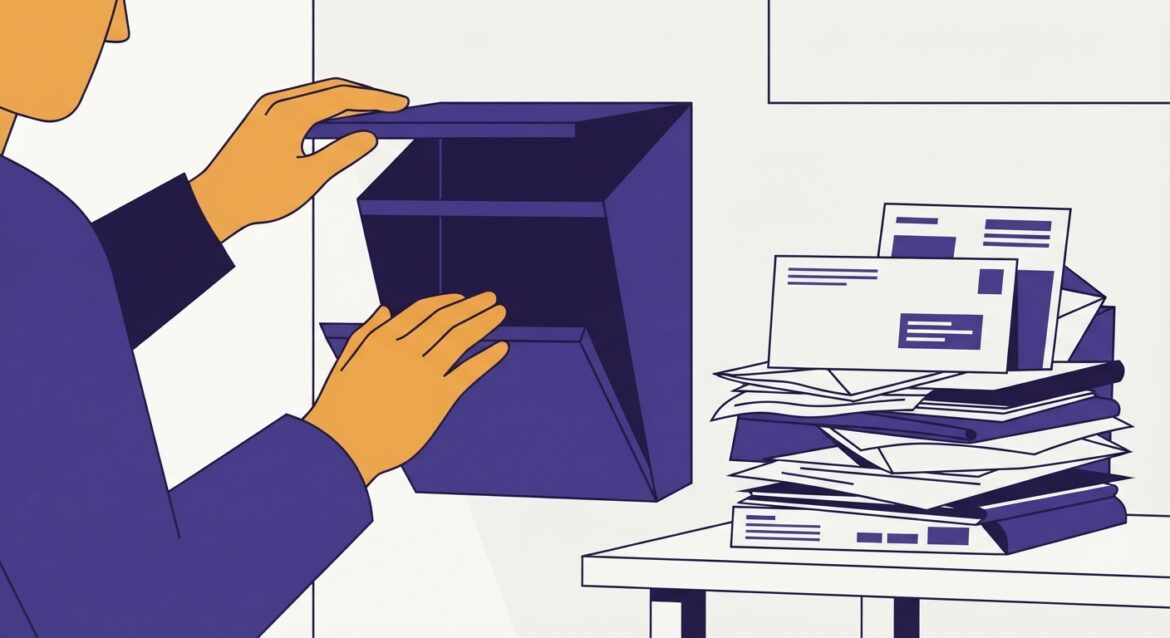 A person examining an empty mailbox alongside a stack of official mail
