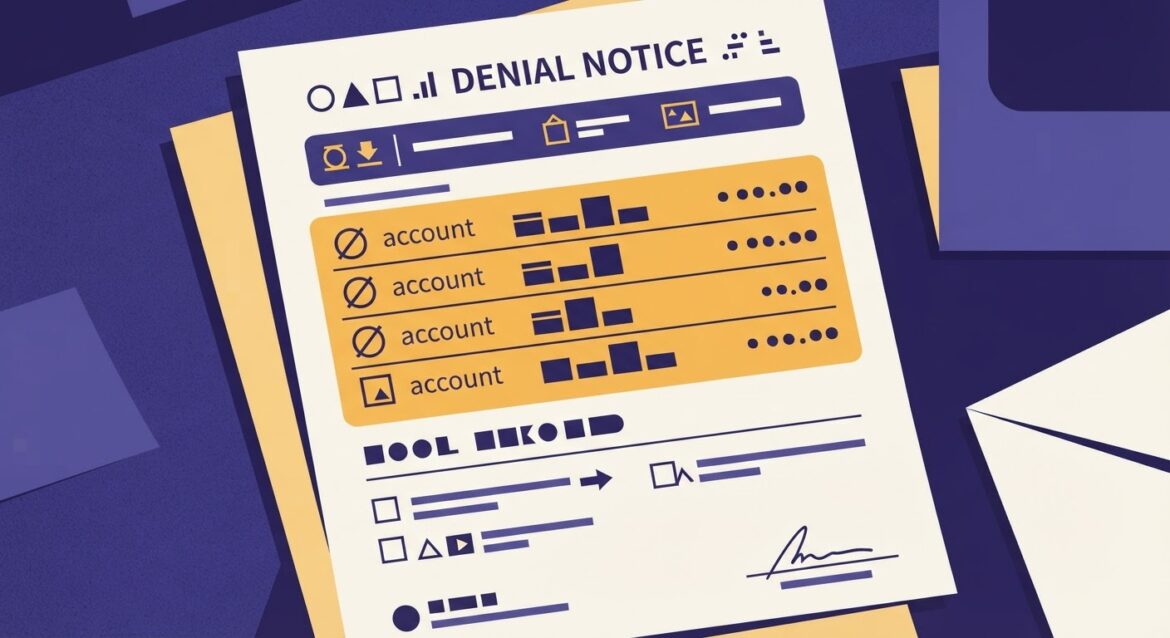 A close-up of a denial notice with a highlighted section listing bank account and asset values