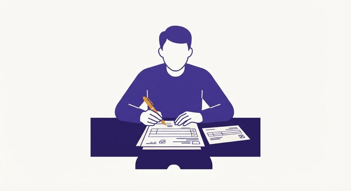 A person filling out a change-of-income report form next to a recent pay stub