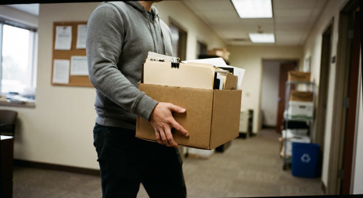 A person carrying a moving box with a folder of paperwork labeled with a case file tab