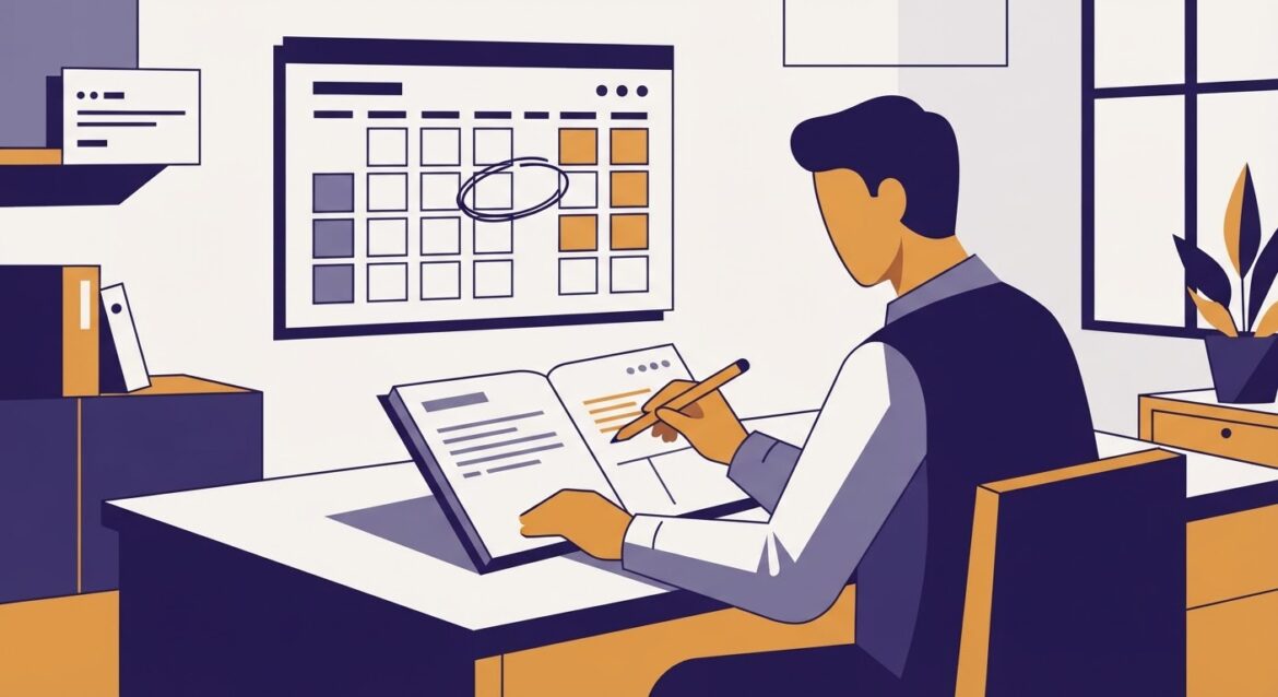 A person reviewing a work schedule next to a calendar with a circled date