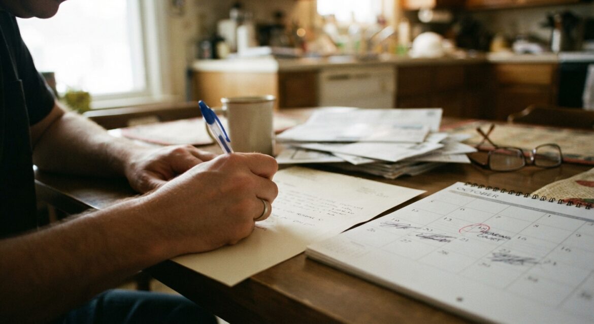 A hand writing a formal request letter next to a calendar with a circled hearing date