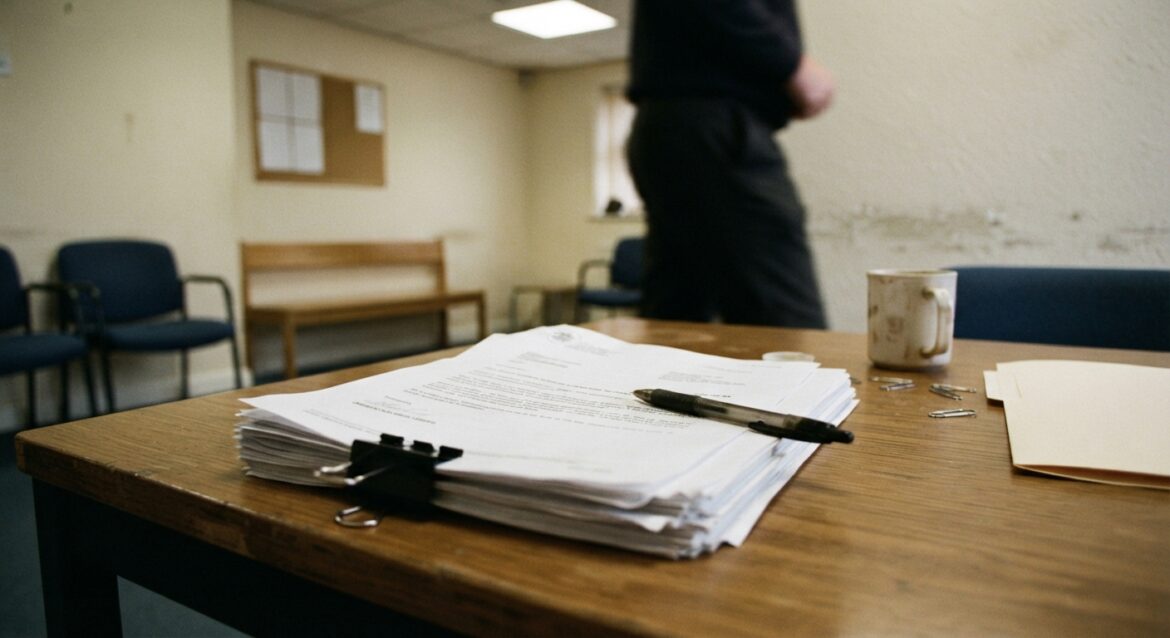 A hearing room table with a gavel-free stack of papers and a pen resting on an official decision letter