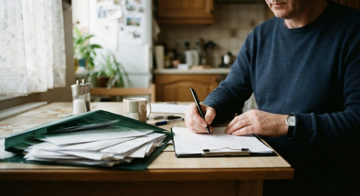 A person writing a formal accommodation request letter at a kitchen table with a folder of papers nearby