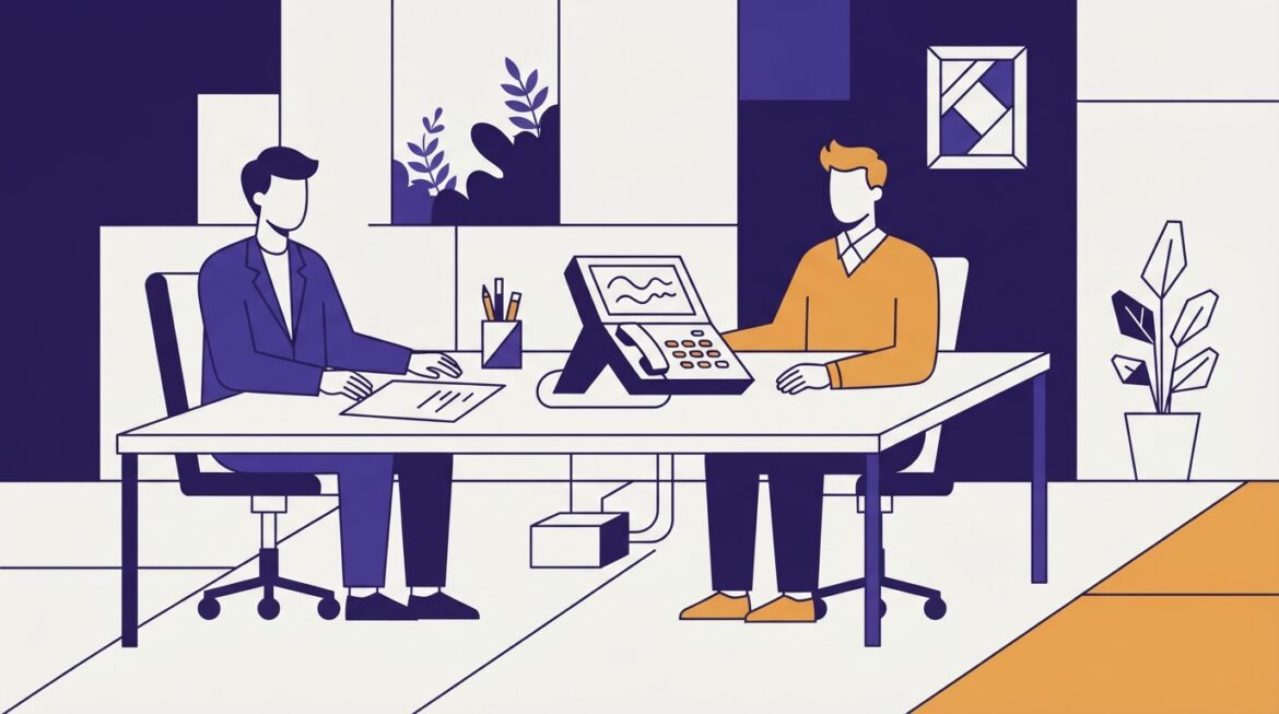 Two people at a desk with a telephone interpretation device between them
