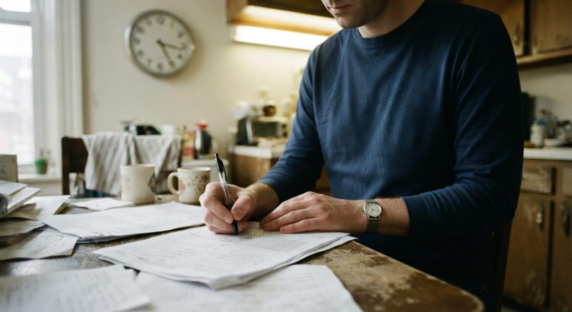 A person filling out a benefits application form with a clock in the background