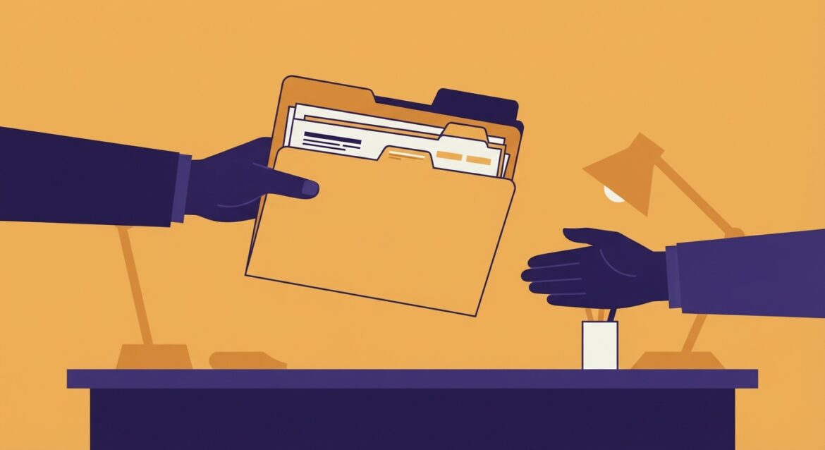 A manila case file folder being handed across a desk with hearing paperwork visible
