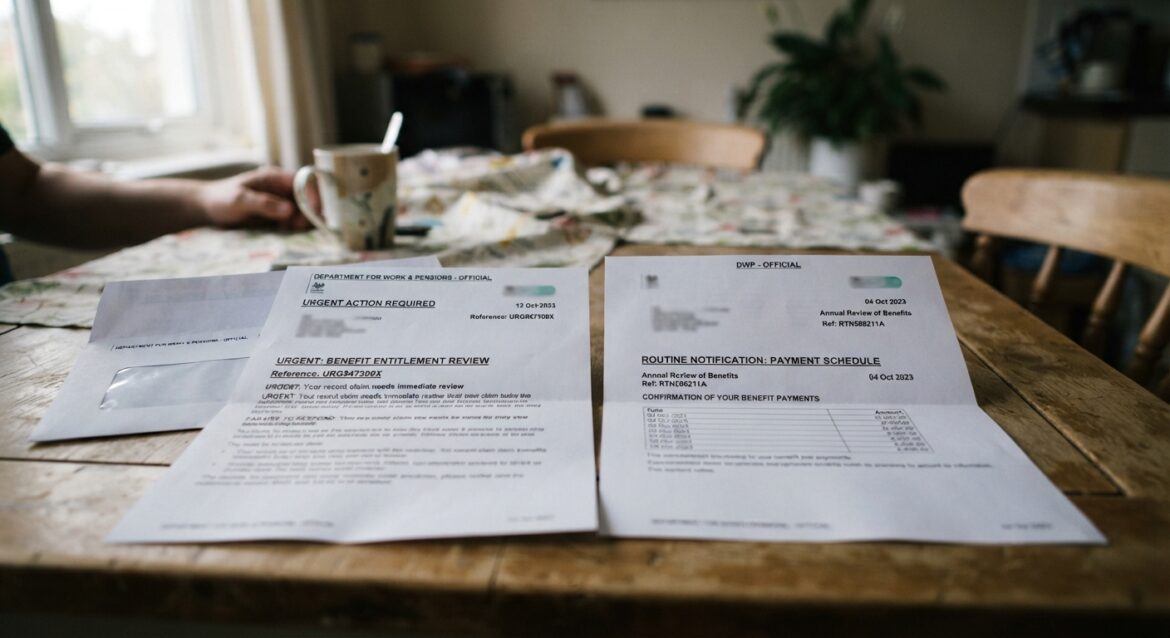 Two official benefit notice letters side by side with one marked urgent and one marked routine