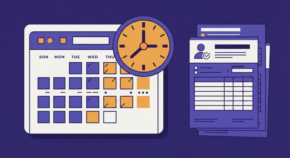 A calendar with a clock overlay and a stack of application forms