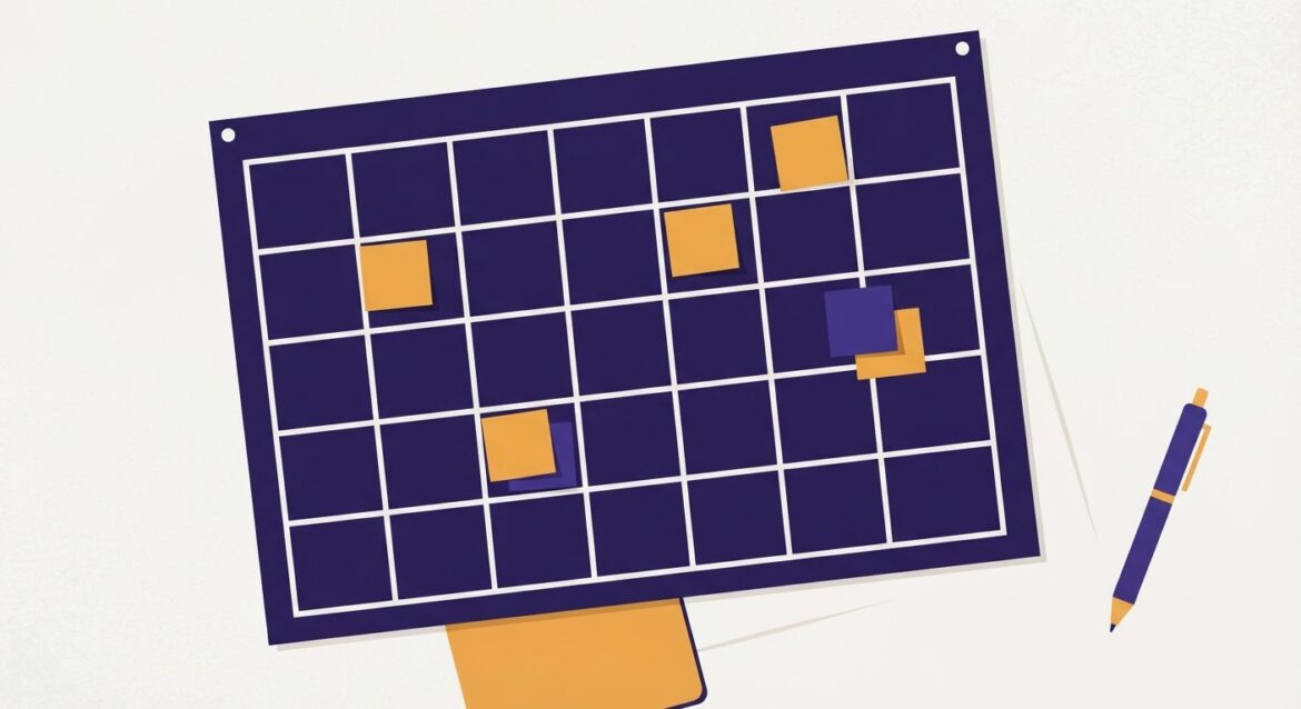 A wall calendar with multiple colored sticky notes marking different deadline dates