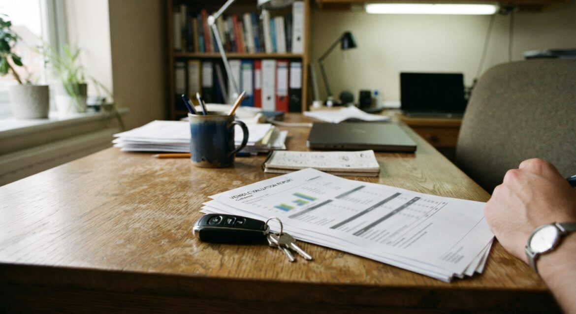 A printed vehicle valuation report next to a car key on a desk