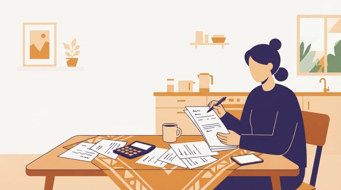 A parent reviewing handwritten child care payment records at a kitchen table