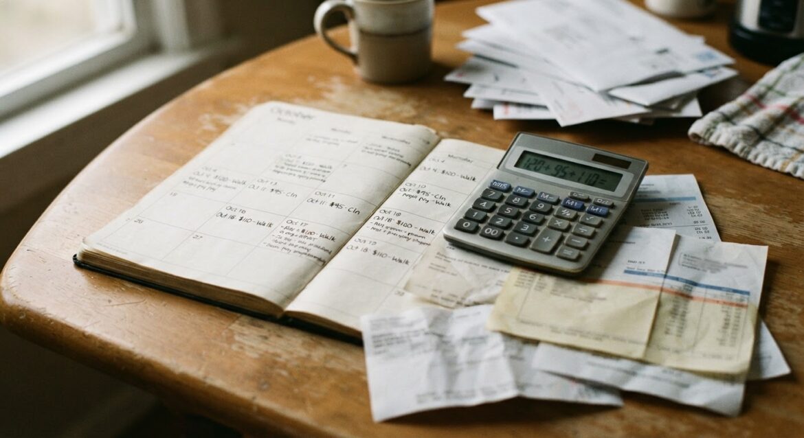 A calendar page with handwritten pay amounts and a calculator beside pay stubs of varying amounts