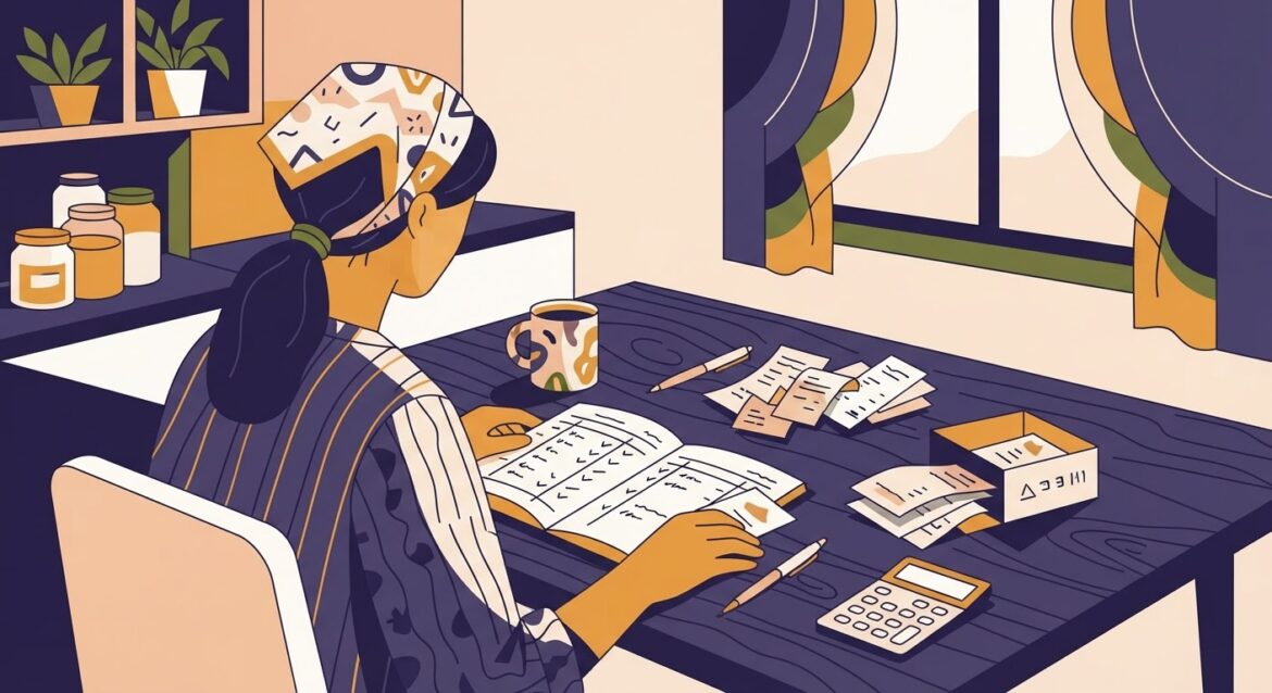 A small business owner organizing receipts and a handwritten income ledger at a kitchen table