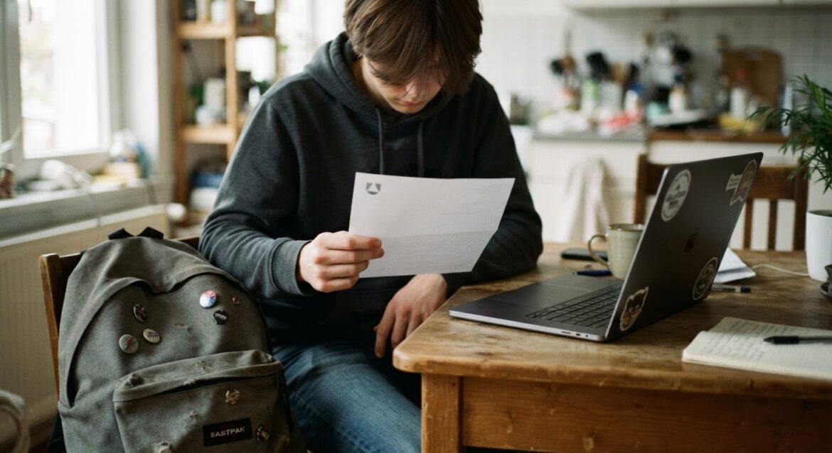 A student holding a university enrollment verification letter next to a laptop and backpack