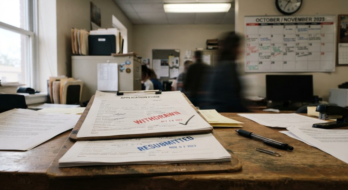 Two stacked application forms on a desk, one marked withdrawn and one marked resubmitted, with a calendar in the background