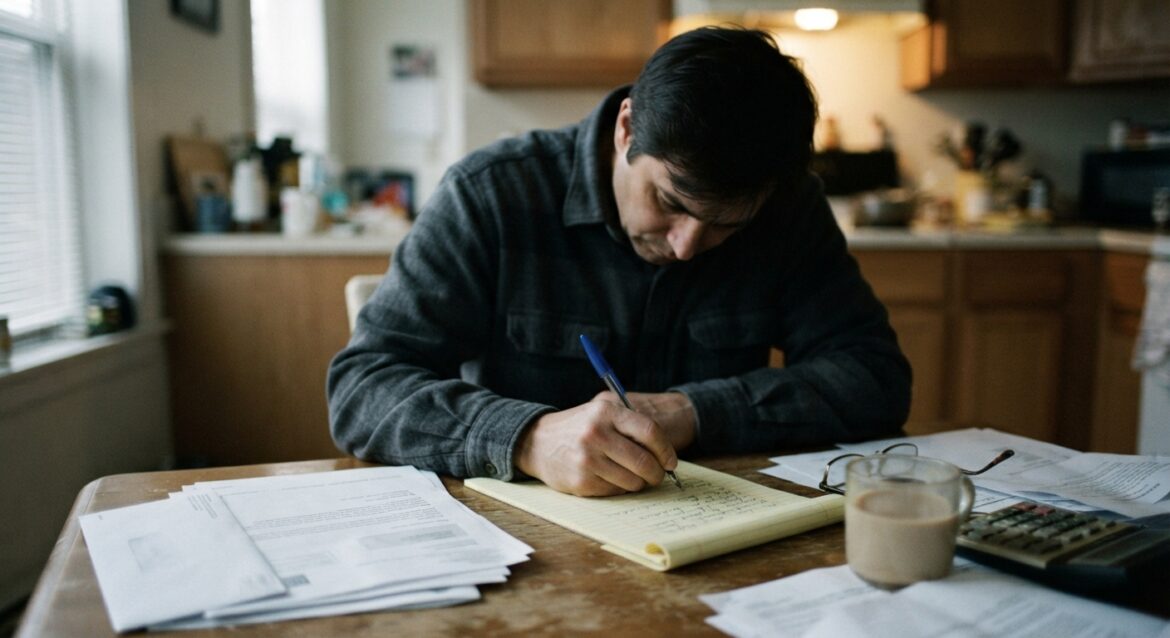 A person writing a statement by hand at a desk with a benefits denial notice nearby