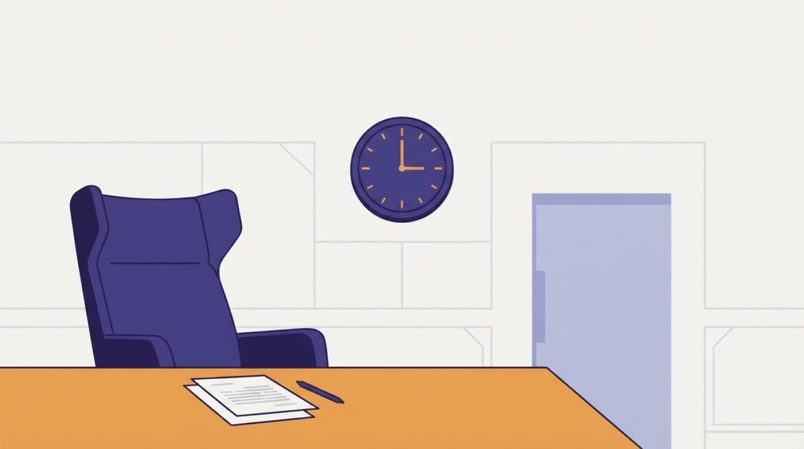 An empty hearing room chair with a clock showing a passed appointment time