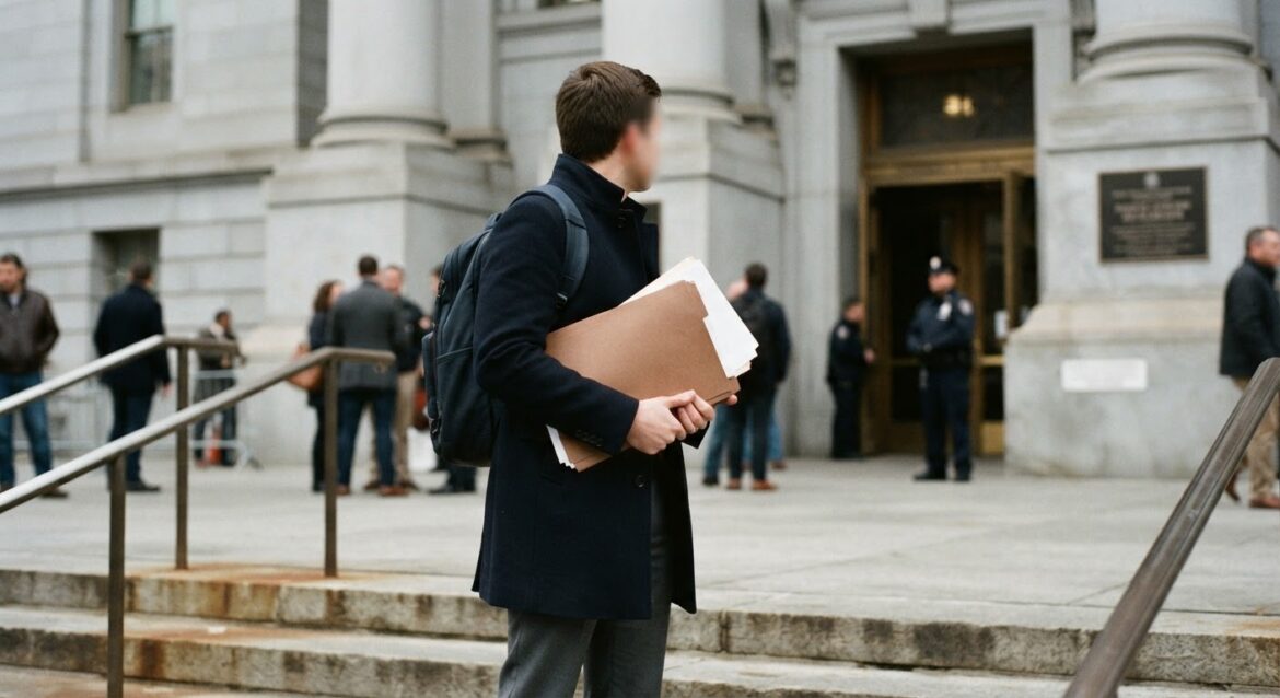A person standing outside a courthouse holding a folder of hearing documents