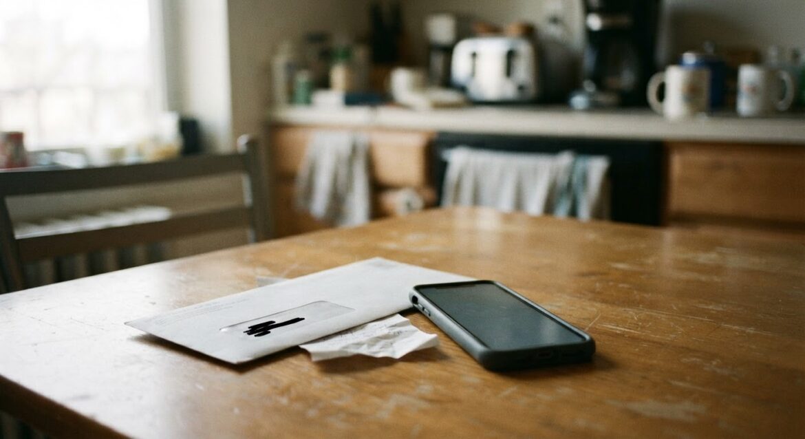 A missed appointment notice and phone sitting on a kitchen table
