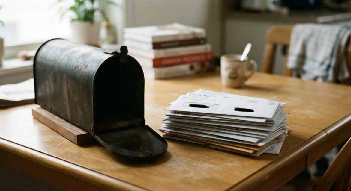 An empty mailbox next to a stack of unopened government mail