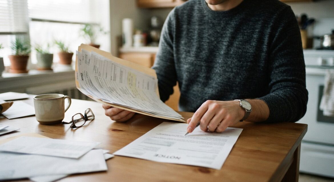 A person comparing a renewal notice against a folder of previously submitted paperwork