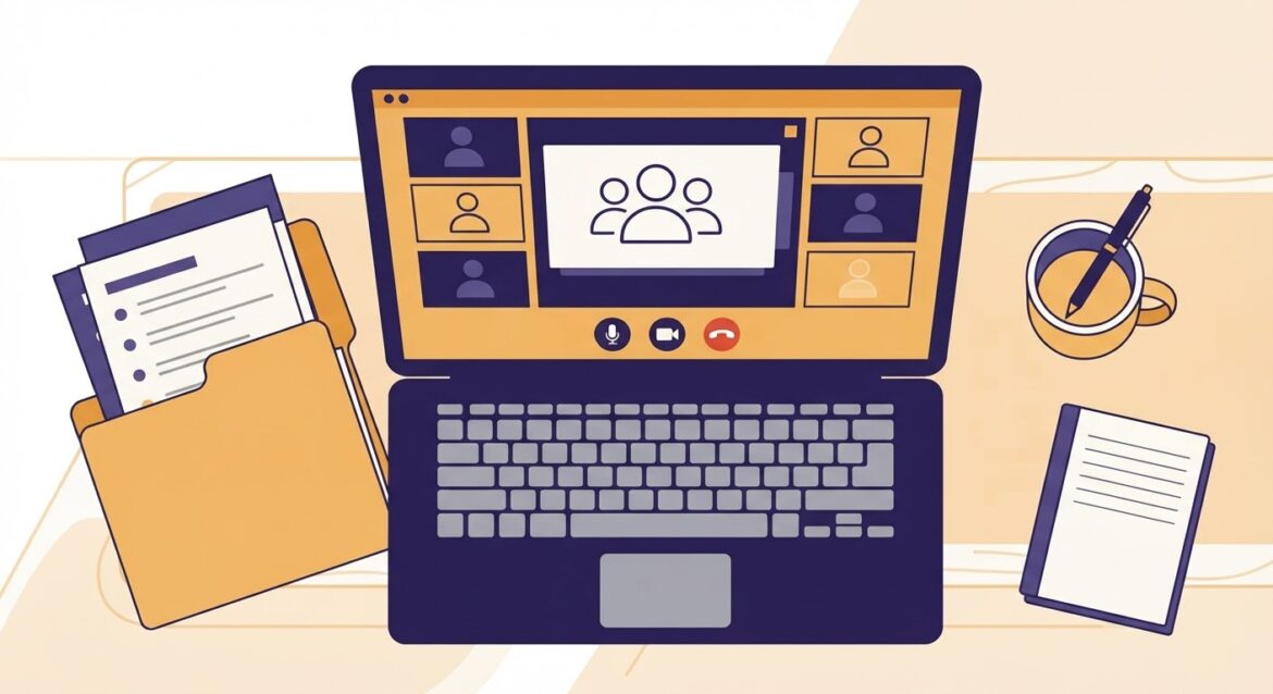 A laptop screen showing a video call interface with a document folder open beside the keyboard
