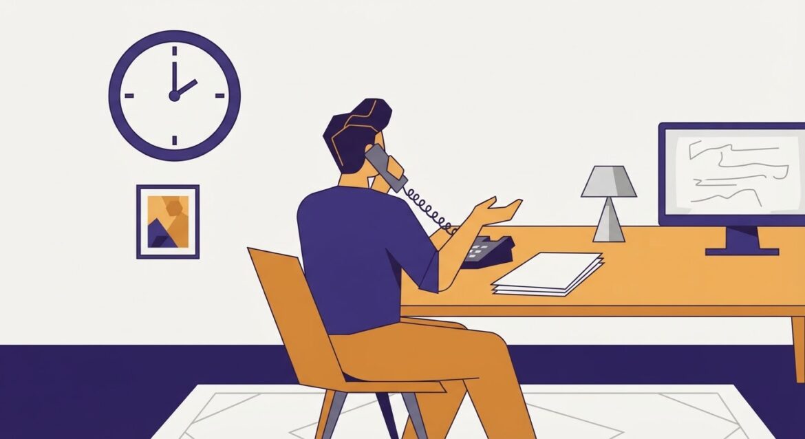 A clock on the wall behind a person mid-conversation on a phone at a desk