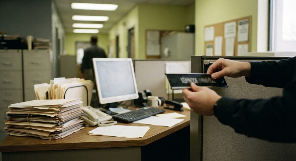 An empty caseworker's office desk with a nameplate being removed and a stack of case files