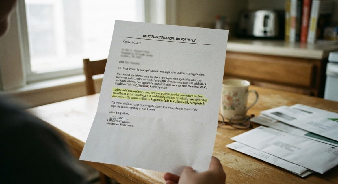 A close-up of a denial letter with a regulation code highlighted